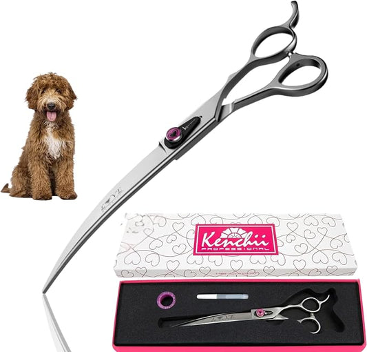 Kenchii Love Dog Grooming Scissors, 8 Inch Curved Shears, Dog Scissors for Grooming, Professional Pet Grooming Scissors, Ergonomic & Comfortable