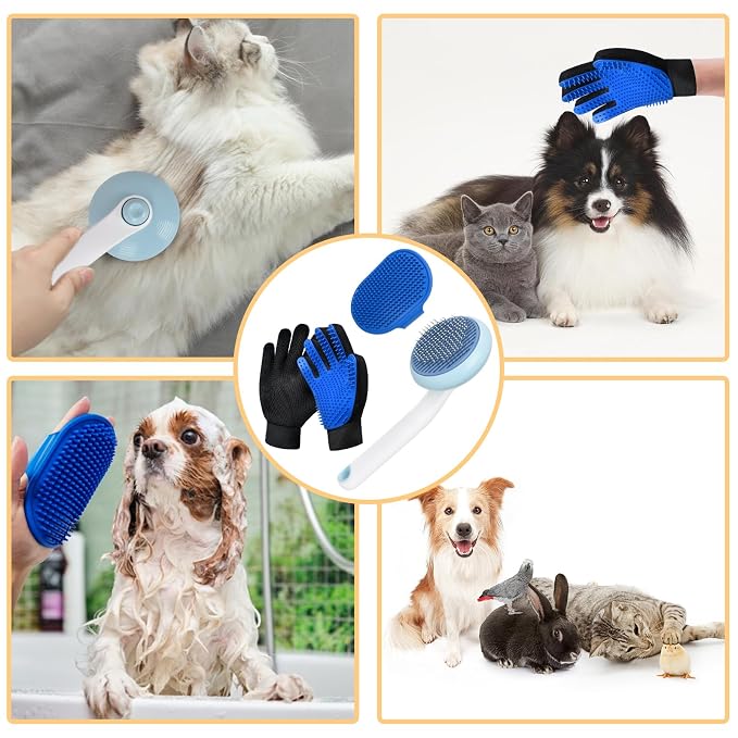 Cat Grooming Glove Brush, Self-Cleaning Slicker Pet Brush for Short and Long Haired Pets, Dog Bath Brush for Shedding and Grooming, Removes Loose Hair and Tangles, Blue