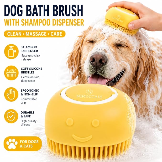Dog Bath Brush with Shampoo Dispenser – Silicone Pet Grooming Scrubber for Dogs & Cats, Deep Clean + Massage, Easy-Grip Rubber Handle – Pet Shower Tool for Long & Short Hair