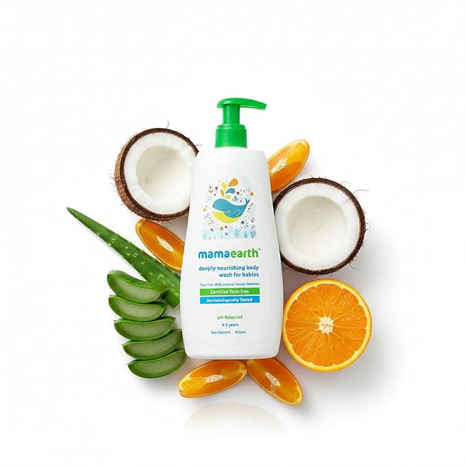 Mamaearth Deeply Nourishing Baby Body Wash | Tear Free Formula with Natural Cleansers | Hydrating Coconut & Jojoba Oil | Moisturizes Delicate Skin of Babies | 13.53 Fl Oz (400ml) | Baby body wash formulated with coconut and jojoba oil.
