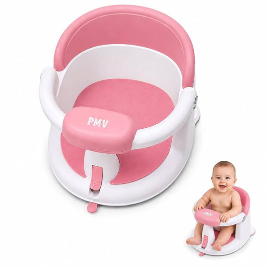PMV Baby Bath Seat for Sitting Babies, Non-Slip Baby Bath Chair with 3 Suction Cups, Safe & Comfortable Toddler Bath Support Seat for Bath/Shower Use, Stable Design, Gray (6–24 Months) (Pink)