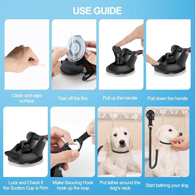 Dog Bathing Tether with Heavy Suction Cup, Dog Grooming Tub Restraint Soft Nylon Leash with Adjustable Collar for Pet Dog Cat Shower and Grooming Red