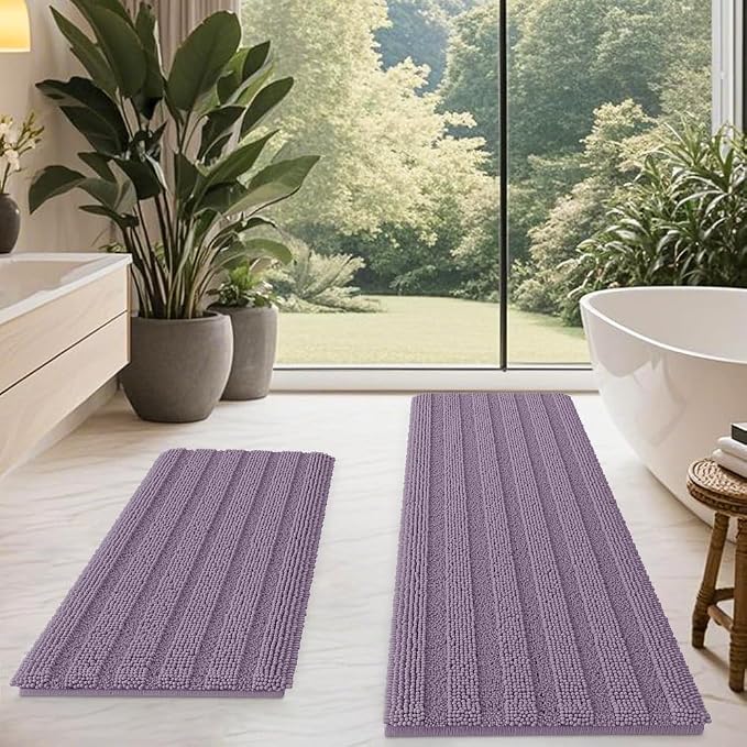ACCUMTEK Striped Lavender Bathroom Rug Mat Set 2 piece 24"x17"+48"x20" Ultra Soft, Non Slip Chenille Bath Rugs, Absorbent Plush Shaggy Bath Mats for Bathroom, Bedroom, Kitchen, Shower, Tub