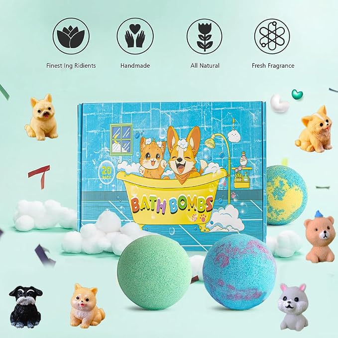 Bath Bombs for Kids with Surprise Inside for Girls Boys Toddlers, 20 Pack Organic Kids Bath Bombs with Surprise Inside, Kids Safe Handmade Bubble Bath Fizzies, Ideal Birthday Christmas Gift Set