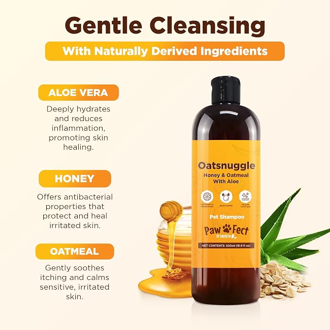Honey & Oatmeal 16.9 oz Pet Shampoo for Dogs, Natural Formula with Colloidal Oatmeal, Aloe & Honey - Relieves Itchy Dry Skin, No Sulfates or Parabens, Gentle, Chamomile Scented