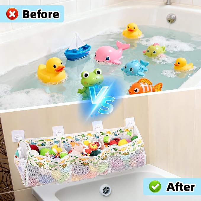 Bath Toy Organizer,3 Compartment Horizontal Large Bath Toy Storage with 4 Suction Hooks,Baths Toys Storage Holder Bag Tidy for Accessing & Sorting Toys,Dinosaur