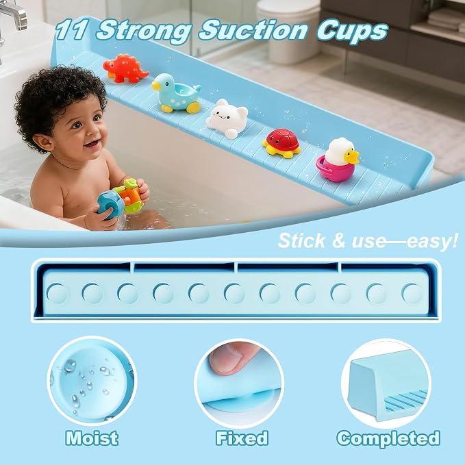 Bathtub Splash Guard for Kids,2.6 FT Silicone Bathtub Play Shelf with 11 Suction Cups, Bath Tub Ledge Shelf for Kids, Prevents Water Spills in Bathroom (Blue)