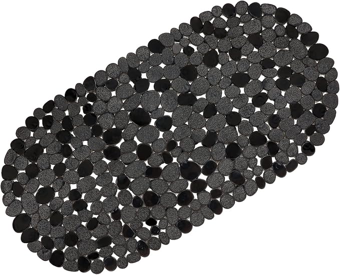 WELTRXE Pebbles Bath Mat for Tub Black Non-Slip Bathtub Mat with Suction Cups, Drain Holes for Bathroom Showers, Tub, Machine Washable, BPA, Latex Free Oval Shower Mats Bath Tub mat, 27 x 14 Inch