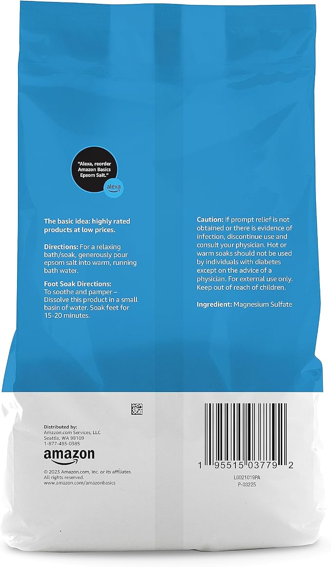 Amazon Basics Epsom Salt Soak, Fragrance Free, Magnesium Sulfate USP for Relaxation and Soothing Foot Soaking, 3 Pound Resealable Bags, 6-Pack