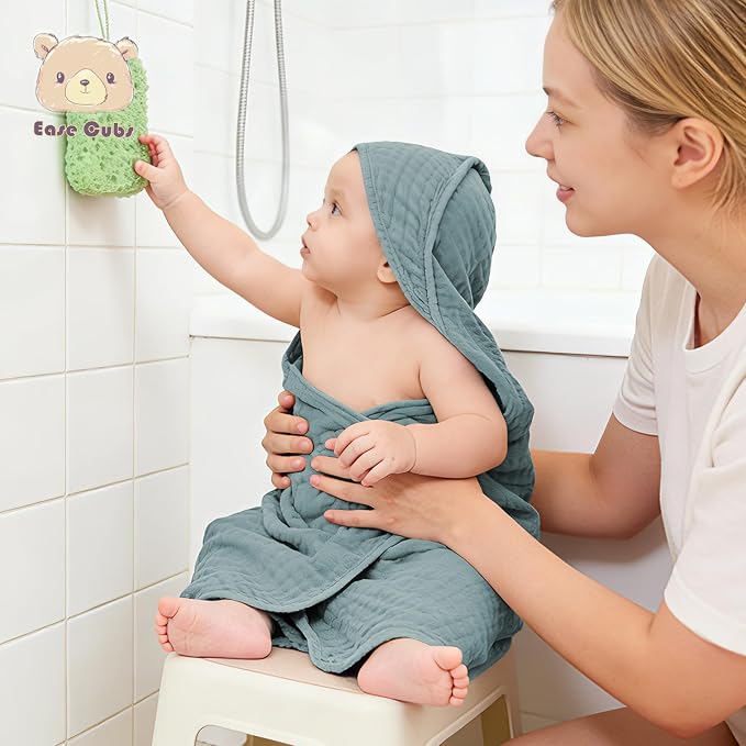 Ease Cubs 3-Pack Muslin Hooded Baby Towels, 100% Cotton, Ultra-Soft & Absorbent Baby Bath Towels with Hood for Babies, Infant, Toddler and Newbron (Grey, Green and Slate,32" x 32")