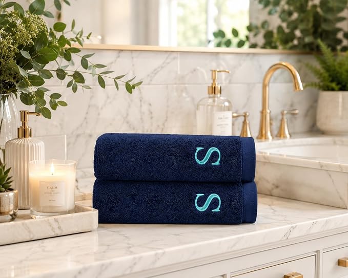 Personalized Bath Towels Set of 2 - Customized Turkish Bath Towel - Cotton Towel Set -Monogrammed Towels with Initials Name Embroidery - 30x56 inch -Thanksgiving Gifts (Navy, Bath Towels - Set of 2)