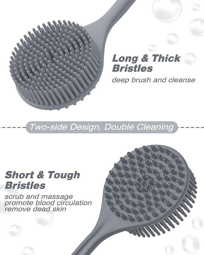 Manmihealth Silicone Back Scrubber & Soft Bath Glove, Silicone Scalp Massager Set 5 PCS, Super-Exfoliating Body Scrubber Shower Brush & Shampoo Brush Combination, with 2 Free Hooks (Style 1 Gray)