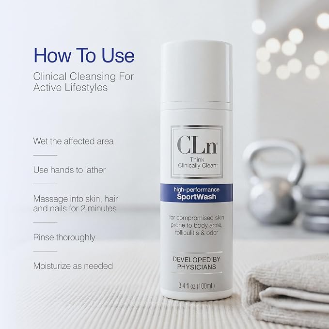 CLn® SportWash – High-Performance Sport Body Wash, For Men & Women Prone to Body Odor, Foot Odor, Ringworm, Folliculitis, & Back Acne, Fragrance-Free & Paraben-Free, 3.4 fl. oz.