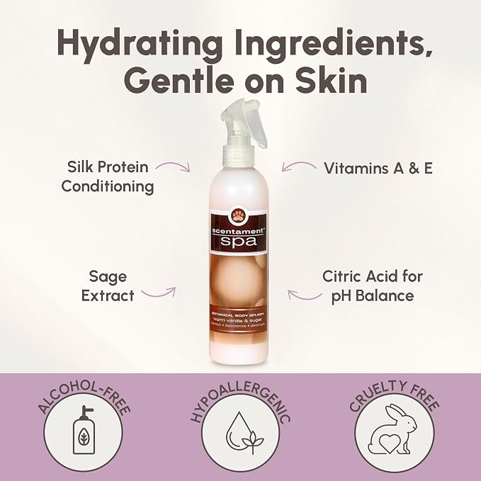 Best Shot Scentament Spa Botanical Body Splash, Detangler Spray, Hypoallergenic Body Spray for Cat, Dog, Warm Vanilla Sugar, 8 Oz.