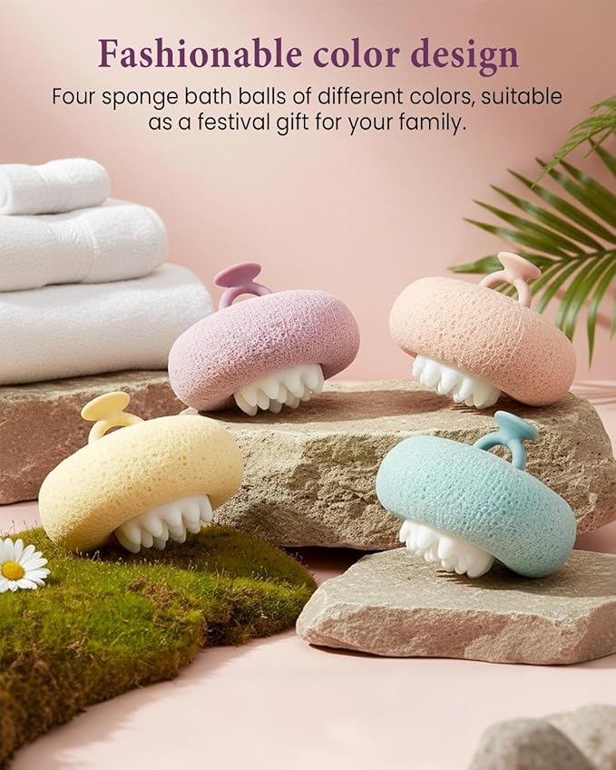 4Pcs Super Soft Sunflower Suction Cup Bath Ball, 2-in-1 Super Soft African Exfoliating Shower Towel Net Sponge Bath Ball, Exfoliating Bath Net Sponge Body Scrubber Shower Ball for Men Women (Purple)