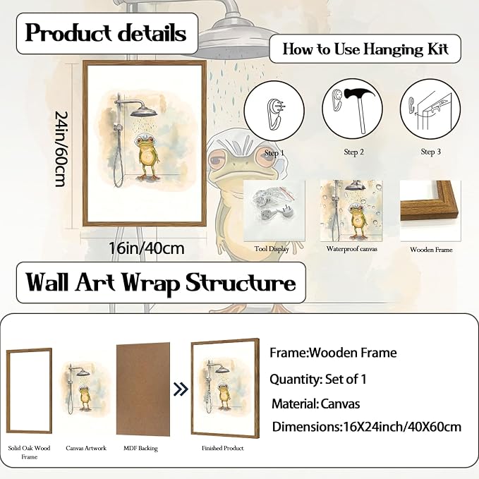 Funny Frog Bathroom Wall Art Cute Frog Bathroom Wall Decor Picture Whimsical Animal Shower Poster Canvas Print Painting for Restroom 16x24 inch Wood Framed