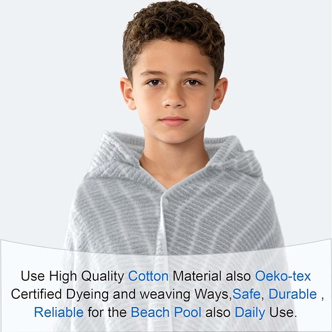 VOOVA & MOVAS Hooded Bath Towels for Teens/Big Kids (8Years Up) | Soft Absorbent 100% Cotton Thick Towel Wrap | Versatile Beach, Pool, Swim & Bath Cover-Up | GrayWhite