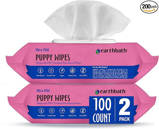 earthbath, Ultra-Mild Wild Cherry Puppy Wipes - Dog Wipes for Paws and Butt, Best Pet Wipes for Dogs & Puppies, Made in USA, Cruelty-Free Dog Cleaning Wipes - 100 Count (2 Pack)