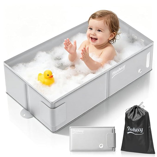 Collapsible Baby Bathtub, Travel Bathtub for Toddler, Portable Foldable Tub for Kids, with Drain Plug, Non-Slip Base, No Assembly Required, Fits Ages 6M+(Waterproof Storage Bag Included)
