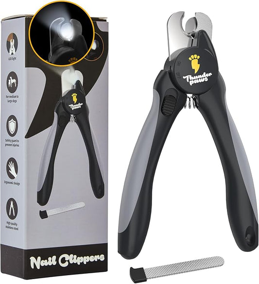 LED Dog Nail Clippers with Light Illumination, Trimmers with Protective Guard, Safety Lock and Nail File - Suitable for Large and Small Dogs & Cats (Grey)