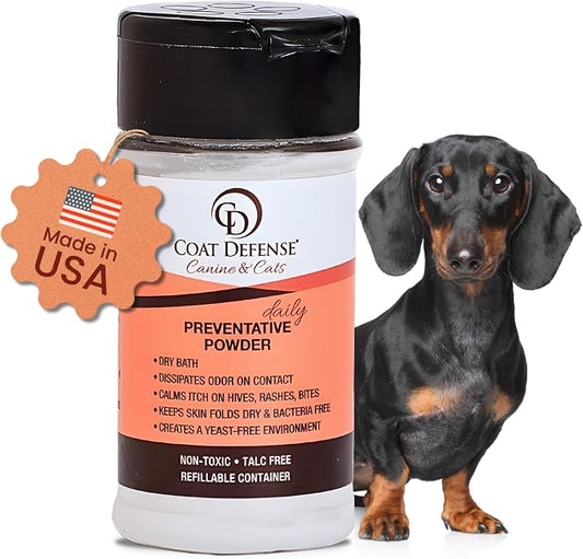 COAT DEFENSE Daily Preventative Powder | Made in USA | 3.5oz Waterless Dog Shampoo & Pet Deodorizer for Smelly Dogs | Provides Anti Itch Relief | Dog Dry Shampoo for Dry Itchy Skin