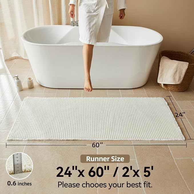 Triohero Waffle Runner Bath Mat - Long Bathroom Rugs Non Slip Washable, Ultra Soft Super Absorbent Quick Dry Boho Farmhouse Bathroom Decor, 24" x 60"', Cream White