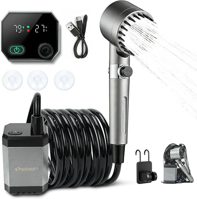 Portable Shower for Camping with Rechargeable 8000mAh Battery, Intelligent LED Display, 4 Spray Modes