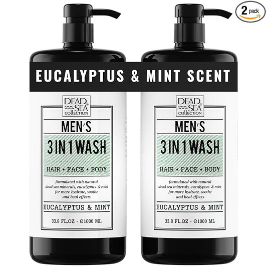 Dead Sea Collection Eucalyptus Mint Men’s Body Wash – 3 in 1 Body Wash for Men for Hair, Face & Body – Moisturizing Shower Gel with Dead Sea Minerals – Pack of 2 (33.8 fl oz each)