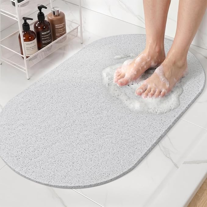 HITSLAM Oval Loofah Shower Mat Non Slip, 27x16 Inch, White | Bath Mat for Textured Tub & Inside Shower Stall, No Suction Cups Quick Drying PVC Porous Floor Mat, Soft Foot Exfoliating