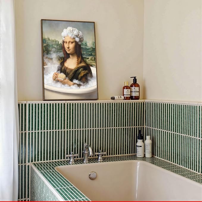 Whimsical Aesthetic Wall Prints – Funny Bathroom Playful Mona Lisa Bathing Art Posters for Home & Apartment Decor 8X12 in Unframed
