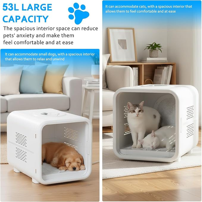 53L Dog Hair Dryer 360° Drying 3 Adjustable Speed Settings Pet Dryer Box with Smart Temperature Control for Cats and Dogs