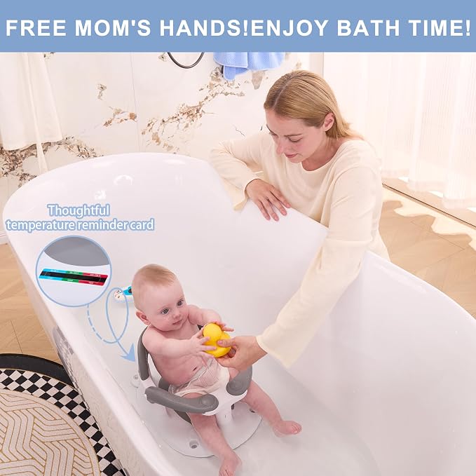 Baby Bath seat for Babies 6 Months & up, 360° Stable Toddler Bath Chair with one-Touch Button, Back Hollow Design, Water Temperature Card & 4 Suction Cups for Safety (Dark Gray)