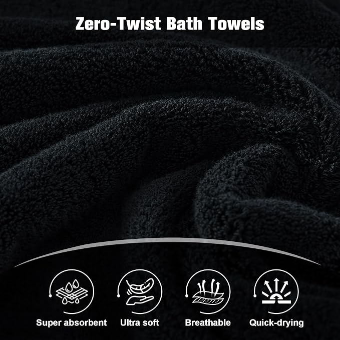 COZYART Luxury Bath Towels 4 PCS, 27x54 650 GSM Turkish Cotton, Black | Zero Twist 100% Ring Spun Cotton, Fluffy, Ultra Soft, Super Absorbent, Quick Dry, Large Towels for Hotel Spa Bathroom Shower