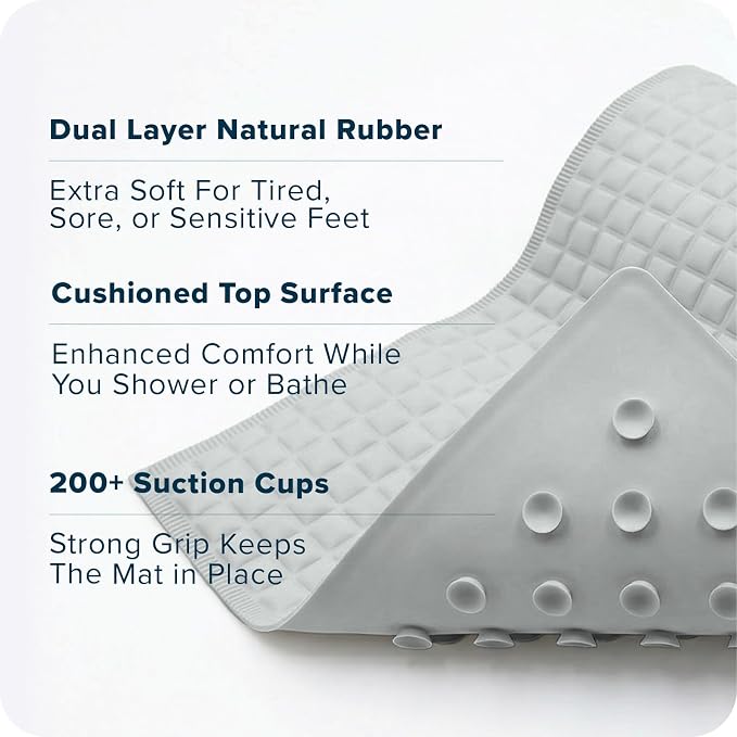 SlipX Solutions Pillow Top Cushioned Bath Mat, Non Slip Comfort Underfoot, 700 Air-Filled Pillows, Soft Shower Mat, Strong Suction Cups, Gray, 27" x 15.5"