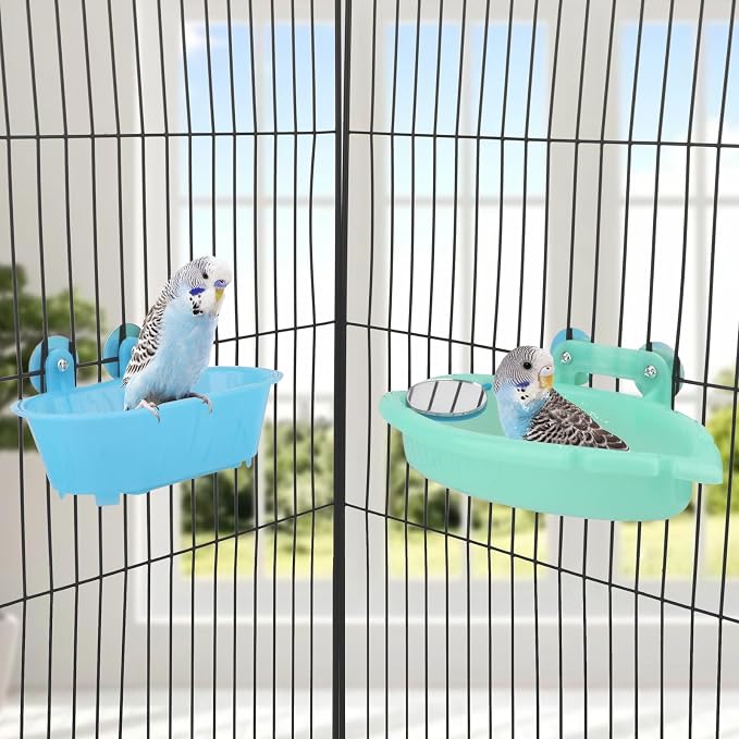 Wontee Bird Bath Box with Mirror Portable Parrot Hanging Bathroom Bathing Tub for Small Birds Cleaning Supplies (Blue(B)+Green)