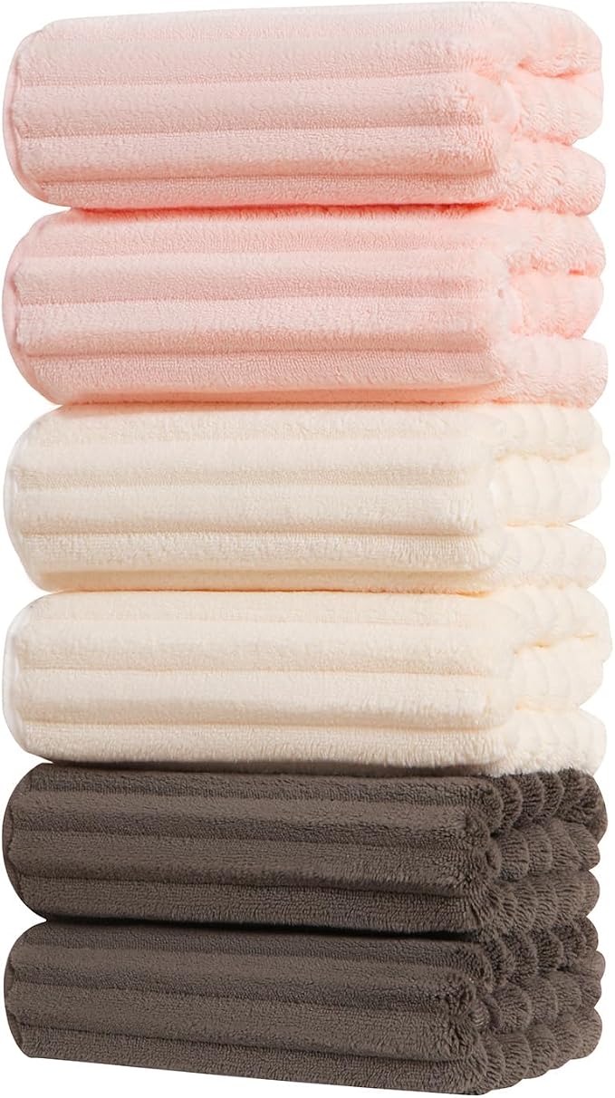 ZVH Hand Towels for Bathroom 6pcs 14X29.5inch,Quick Dry Microfiber,Super Soft,Hand Towels with Hanging Loops for Spa,Kitchen,Hotel (Pink+Beige+Brown, Set of 6)