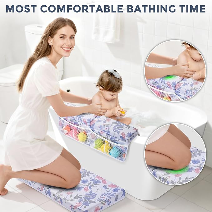 Bath Kneeler and Elbow Rest Pad Set - Comfortable 1.5” Thick Baby Bath Kneeler Pads with Toys Organizer, Non-Slip Knee Arm Support Bathtub Mat, Quick-Drying Kneeling Pad for Baby Bath Time