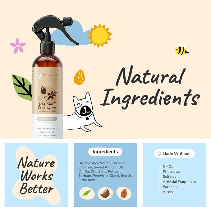 kin+kind Dog Deodorizing Spray - Safe, Natural, & Easy to Use Pet Odor Eliminator - Premium Dog Detangler Spray Formula Made w/Aloe - Dog Deodorizer for Smelly Dogs Made in the USA (12 fl oz)