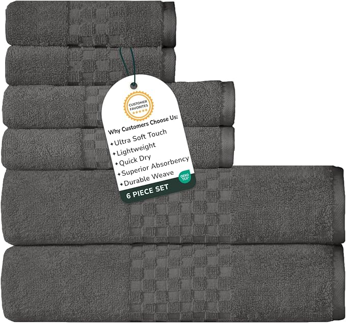 Feather & Stitch 100% Cotton 625 GSM Bath Towel Set of 6, Ultra Soft Highly Absorbent 2 Bath Towels, 2 Hand Towels & 2 Washcloth - Luxury Quick Dry Shower Towels (Dark Grey)