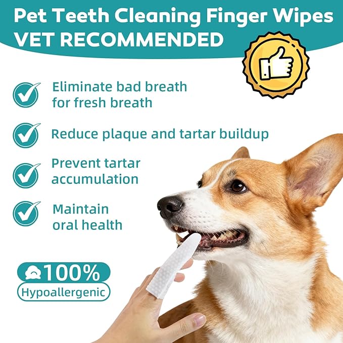 Teeth Cleaning Wipes for Dogs & Cats, Natural Formula Dog Finger Toothbrush Wipes Remove Plaque & Tartar Buildup, No-Rinse Disposable Dog Dental Care Finger Wipes(50 PCS)