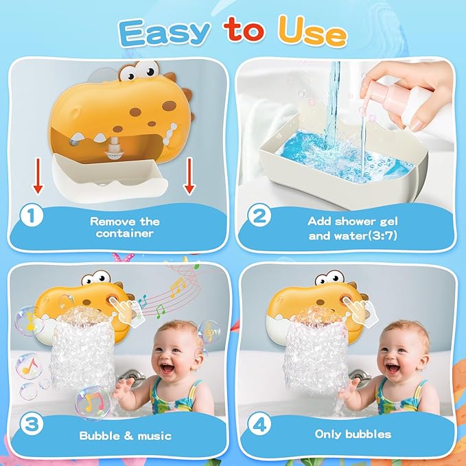 Baby Bath Toys for Kids Ages 1-3 4-8, Rechargeable Dinosaur Bath Bubble Machine with Music for Toddlers, Baby Bathtub Toys, Easter Basket Stuffers, Bath Bubble Maker for Toddlers Kids Boys Girls
