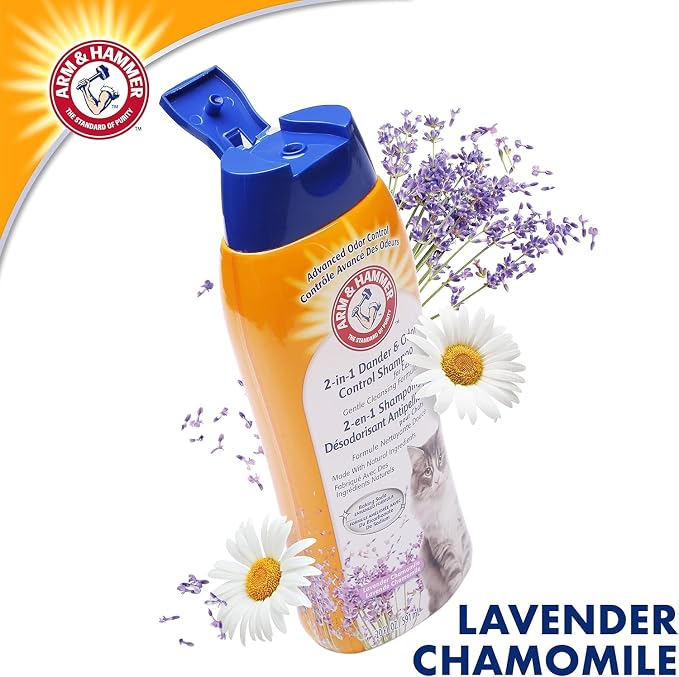 Arm & Hammer 2 in 1 Deodorizing and Dander Reducing Shampoo for Cats Baking Soda Cat Shampoo Odor Control and Coat Cleaning Lavender Chamomile Scent 20 FL OZ 2 Pack Routine Cat Grooming Value