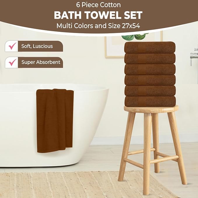 KAHAF COLLECTION 6 Pack Bath Towels Set (27 x 54 Inches) 100% Ring Spun Cotton, Lightweight, Quick Dry, Highly Absorbent Towels (Brown, (27x54) Inches)