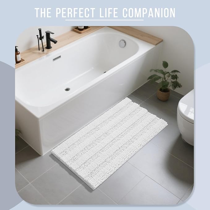Yimobra Bathroom Rug Mat 47 x 24, Non Slip and Super Absorbent Bath Mat,Machine Washable Quick Dry,Ultra Plush Chenille Shower Rugs for Bathroom Floor Sink Tub and Shower Outside,White