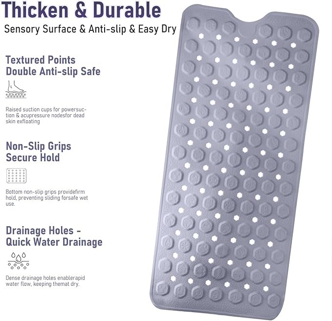 Silicone Non-Slip Bath Mat for Tub & Shower, 35x16 Inch - Acupressure Grip, Quick-Dry with Suction Cups & Drain Holes, Safe for Kids & Elderly, Machine Washable (Purple)