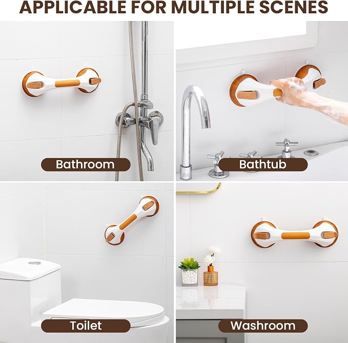 TAILI Shower Grab Bar, 2 Pack 12 Inch Suction Grab Bars for Bathtubs and Elderly, Shower Handle for Seniors Bathroom Safety Grip, No Drilling Removable,Wood Grain,G9