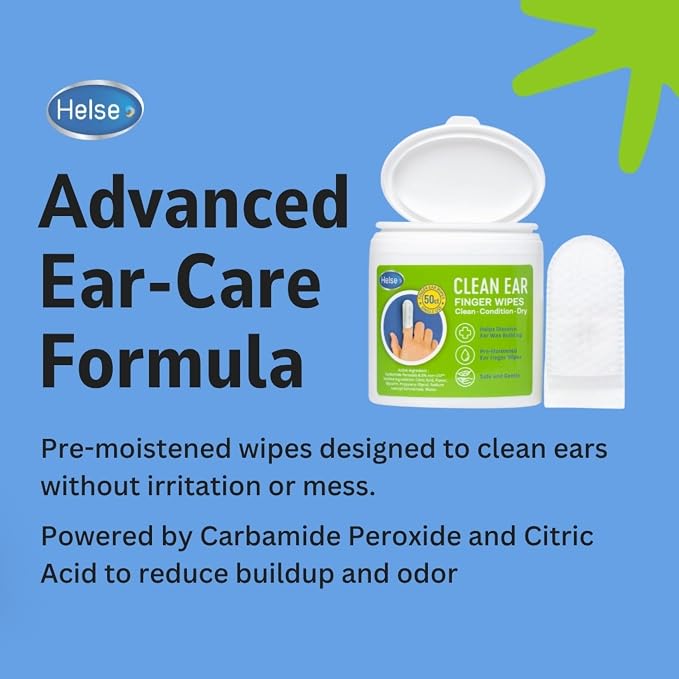 Helse Ear Cleaning Finger Glove - Human Ear Brush - Safely Remove Earwax, Sweat, Oil & Dirt Around, Behind & Inside Ears - Gentle Soft Earlobe Cleaner Wipes for Babies, Adults & Pets (50 Count)