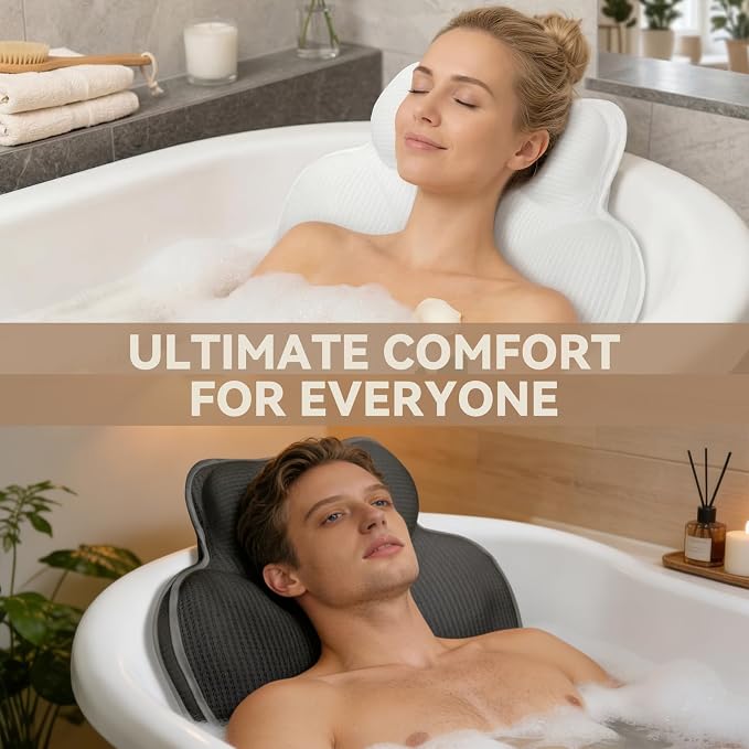 Bath Pillows for Tub, Luxury Bathtub Pillow Neck, Head, Back Support, Soft 5D Mesh Fabric and Non-Slip Suction Cups & Quick Dry, Fits All Tubs, Bath Soaking Accessories Spa Gifts, Grey