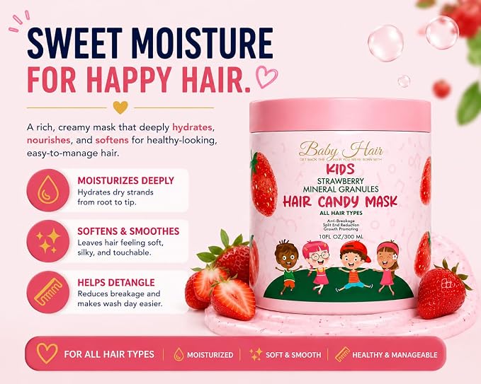 BABY HAIR Kids Strawberry Mineral Hair Candy Mask | Deep Conditioning Hair Mask for Kids | Moisturizes, Softens & Helps Detangle | Sulfate Free | 10 fl oz