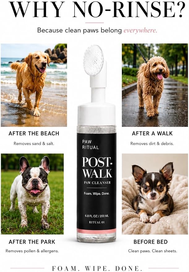 Dog Paw Cleaner, No-Rinse Foaming Paw Cleanser for Dogs with Silicone Brush, Gentle for Sensitive Paws, Puppy Safe, Plant-Derived Formula, Paw Ritual Post-Walk, 6.8 fl oz